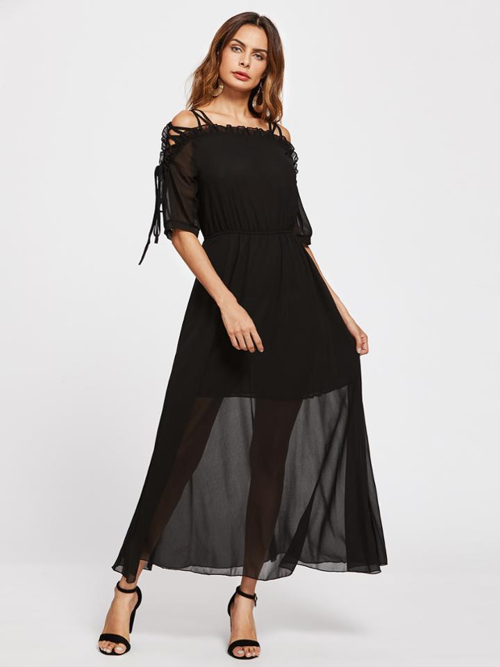 Romwe Open Shoulder Lattice Elastic Waist Maxi Dress