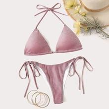 Romwe Glitter Triangle Halter Top With Tie Side Bikini Set