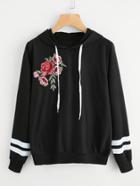 Romwe Rose Embroidered Varsity Striped Hoodie