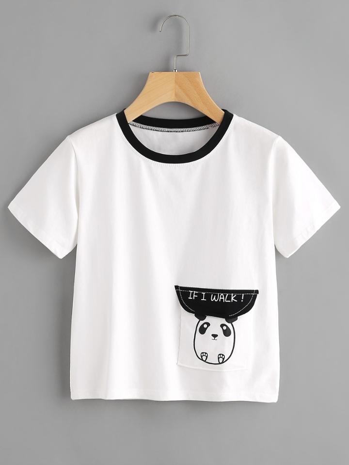 Romwe Panda Print Pocket Ringer Tee