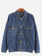 Romwe Deep Blue Dropped Shoulder Seam Pocket Front Denim Jacket