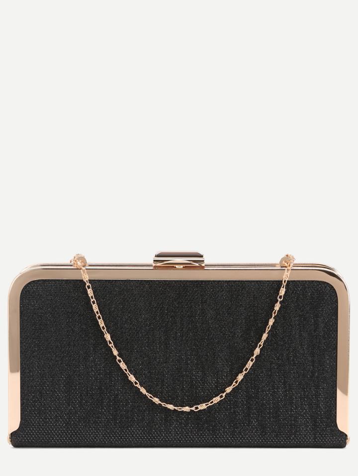 Romwe Black Pu Gold Metallic Trim Clutch Evening Bag
