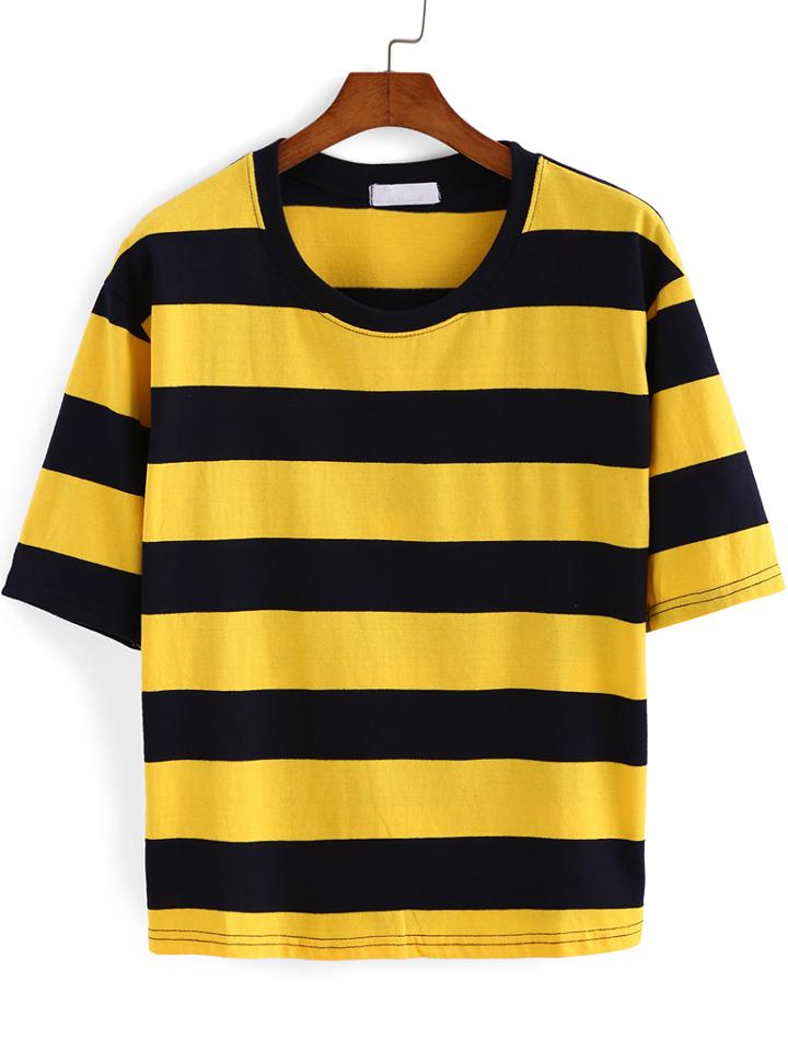 Romwe Yellow Black Round Neck Striped T-shirt