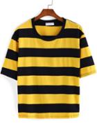 Romwe Yellow Black Round Neck Striped T-shirt