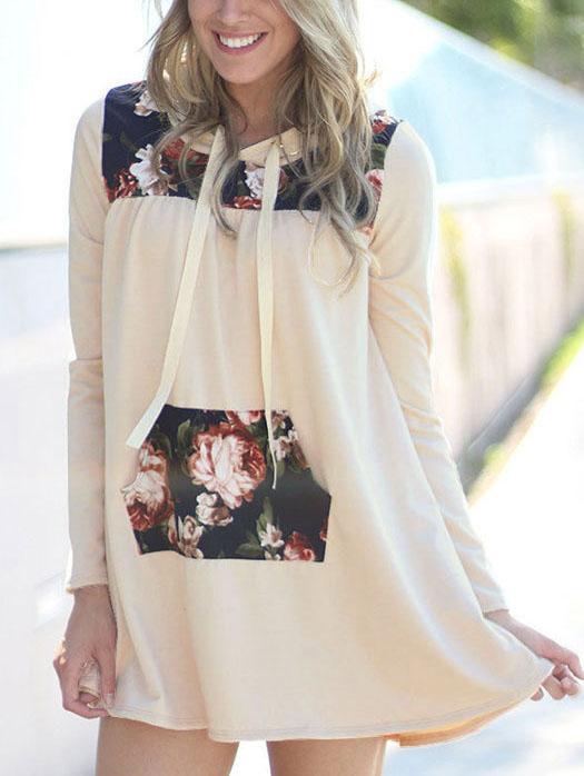 Romwe Beige Drawstring Hooded Sweatshirt With Floral Patches