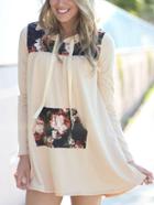 Romwe Beige Drawstring Hooded Sweatshirt With Floral Patches