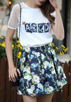 Romwe Letter Print Mesh Top With Florals Pleated Skirt
