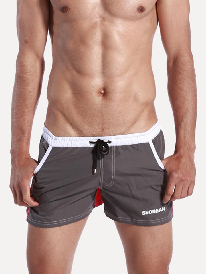 Romwe Men Two Tone Tape Detail Drawstring Shorts