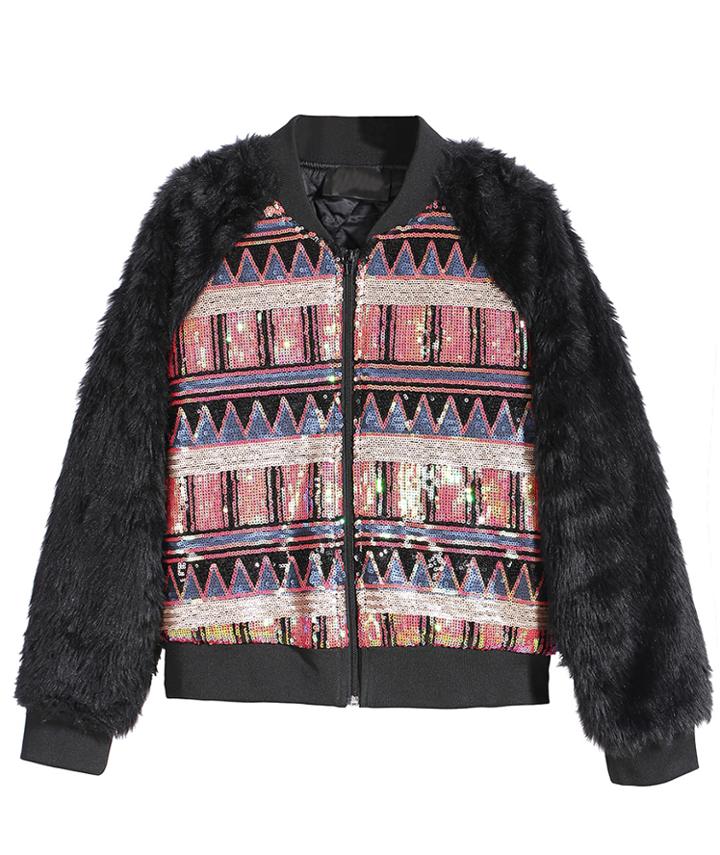 Romwe Sequined Faux Fur Sleeve Crop Jacket