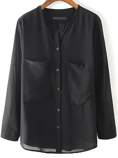 Romwe V Neck With Pockets Chiffon Black Blouse