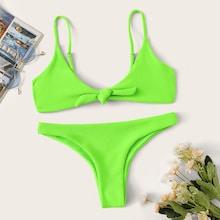 Romwe Neon Green Tie Front Ribbed Bikini Set