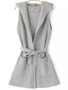 Romwe Light Grey Hooded Sleeveless Tie-waist Knit Sweater