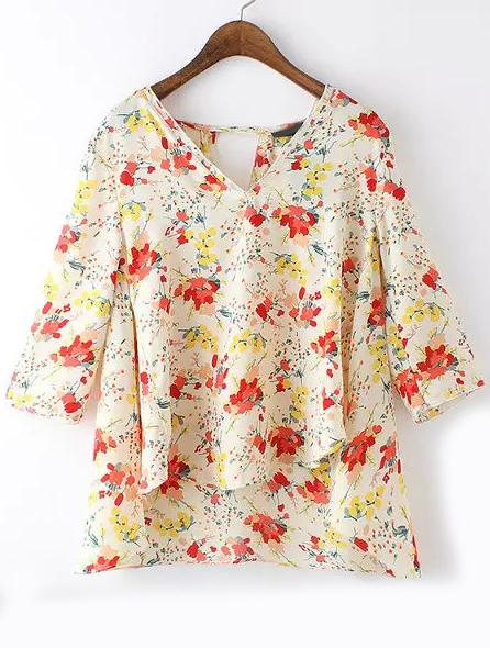 Romwe V Neck Dip Hem Florals Top