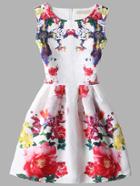 Romwe White Flower Print Fit And Flare Jacquard Dress