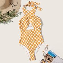 Romwe Gingham Criss Cross Low Back One Piece Swimsuit