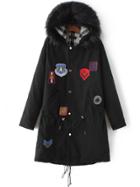Romwe Black Patch Embroidery Drawstring Long Hooded Coat