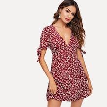 Romwe Plunge Neck Knot Sleeve Ditsy Floral Dress