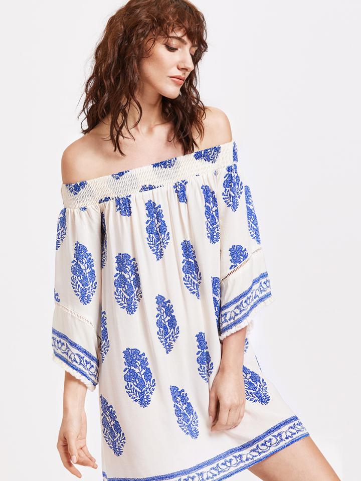 Romwe Tribal Print Tassel Trim Shirred Dress
