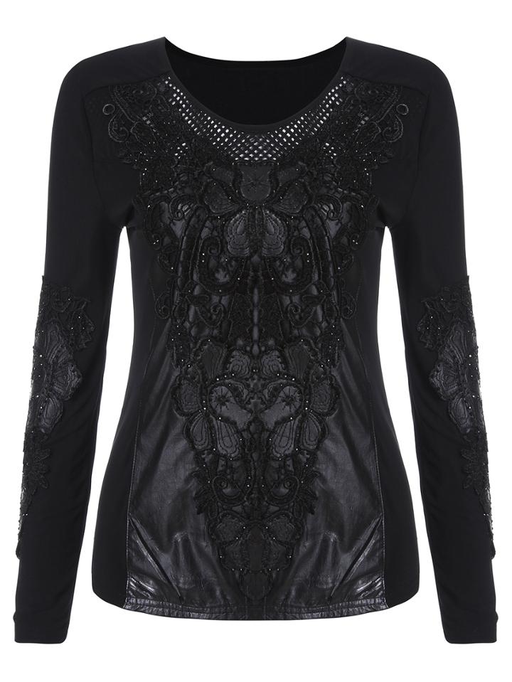 Romwe Round Neck Embroidered Bead Slim Top