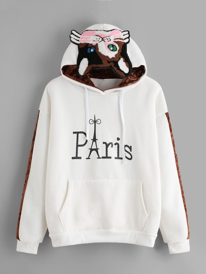 Romwe Contrast Panel Sleeve Cat Applique Hoodie Sweatshirt