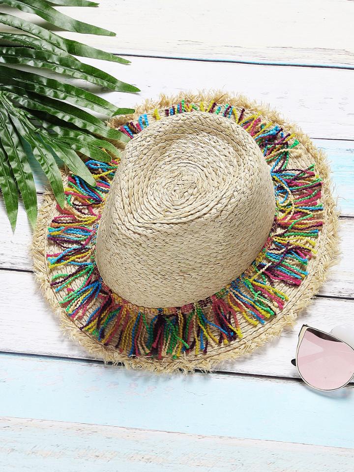 Romwe Beige Raw Edge Straw Hat With Colorful Tassel