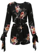 Romwe Black Floral Print Bow Tie Blouse With Shorts
