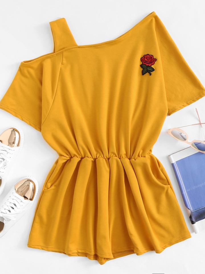 Romwe Asymmetrical Neck Rose Patch Romper