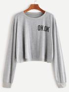 Romwe Grey Drop Shoulder Letter Print Raw Hem Crop Sweatshirt