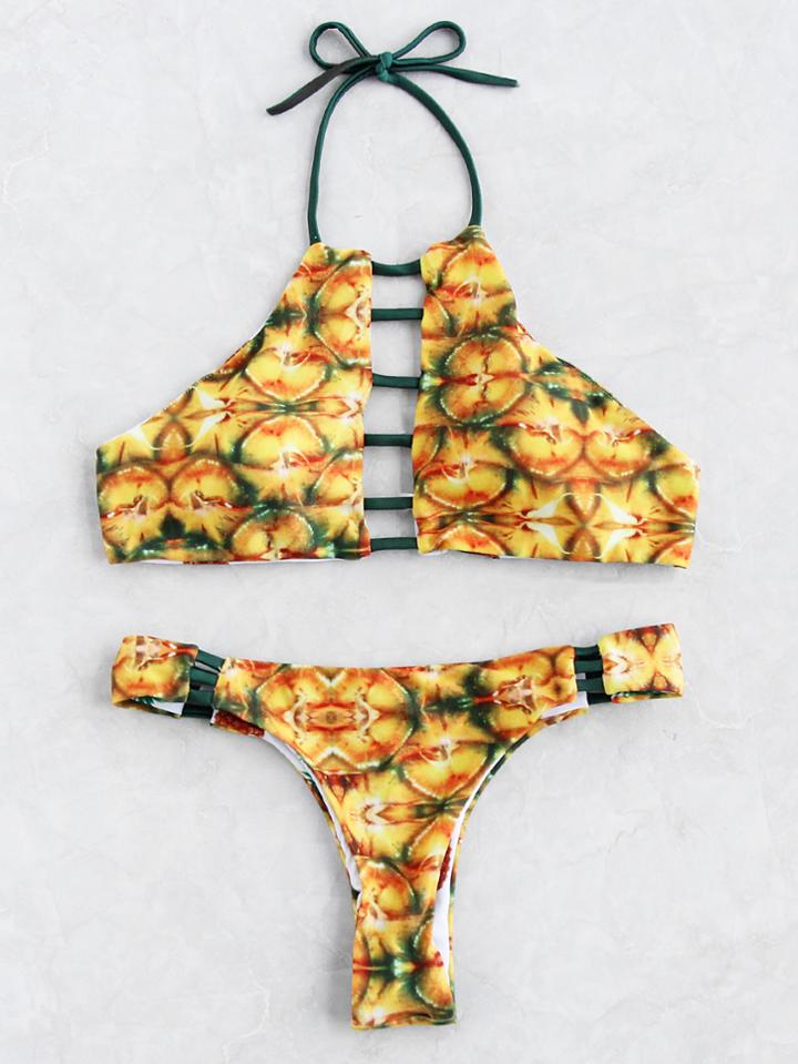 Romwe Print Ladder Cutout Front Halter Reversible Bikini Set