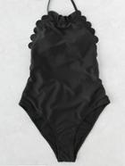 Romwe Black Scalloped Trim One-piece Swimwear