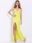 Romwe Yellow Lemon Spaghetti Strap Backless Asymmetric Maxi Dress