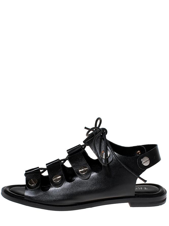 Romwe Studded Lace-up Sandals - Black