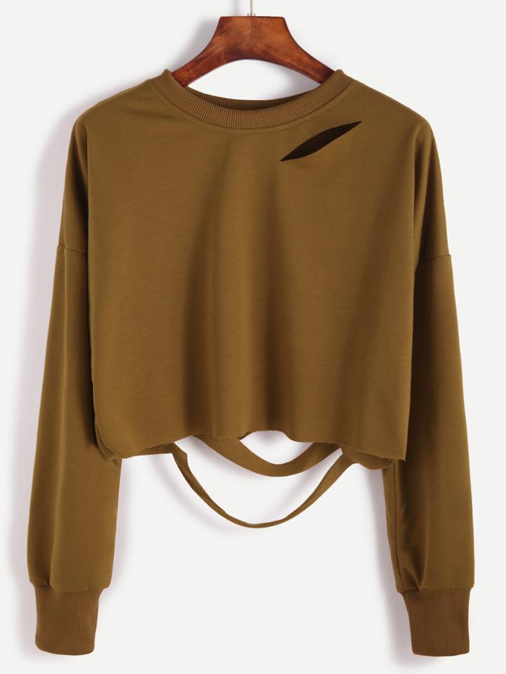 Romwe Khaki Drop Shoulder Cut Out Crop T-shirt