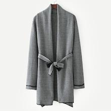 Romwe Herringbone Pattern Self Tie Coat