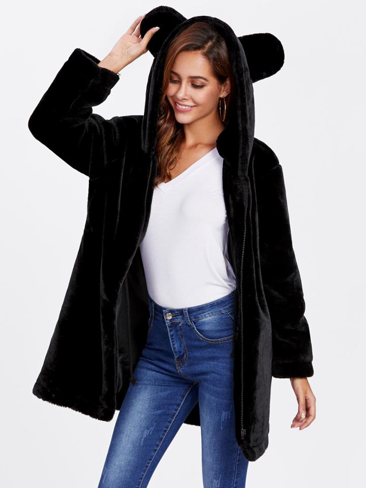 Romwe Ear Hooded Zip Up Coat