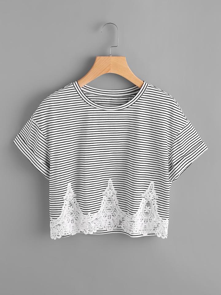 Romwe Lace Applique Cuffed Sleeve Tee