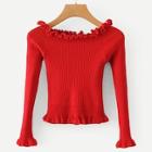 Romwe Frill Detail Rib Knit Trim Sweater