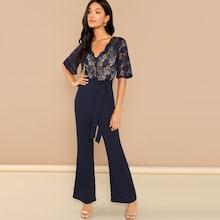 Romwe Lace Contrast Waist Belted Wide Leg Jumpsuit