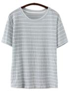Romwe Light Blue Short Sleeve Round Neck Stripe T-shirt