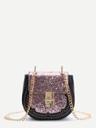 Romwe Pink Sequin Saddle Bag With Chain