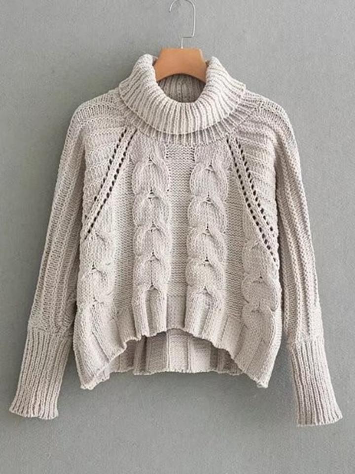 Romwe Pointelle Detail Turtleneck Cable Knit Sweater