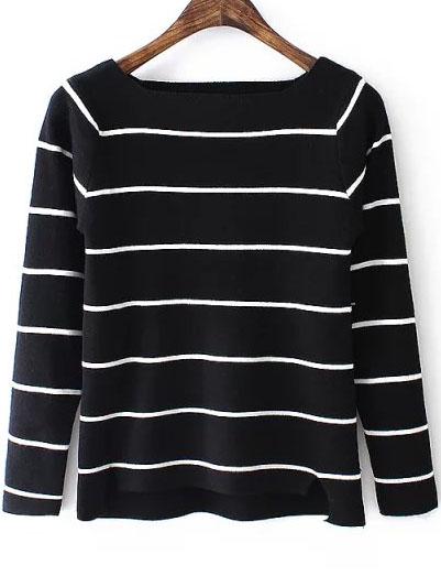 Romwe Square Neck Striped Black Sweater