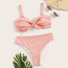 Romwe Rib-knit Tie Front Ruched Bikini Set