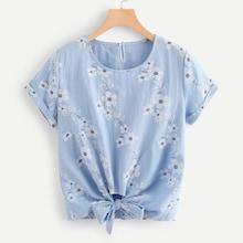 Romwe Knot Front Keyhole Back Floral Cuffed Top