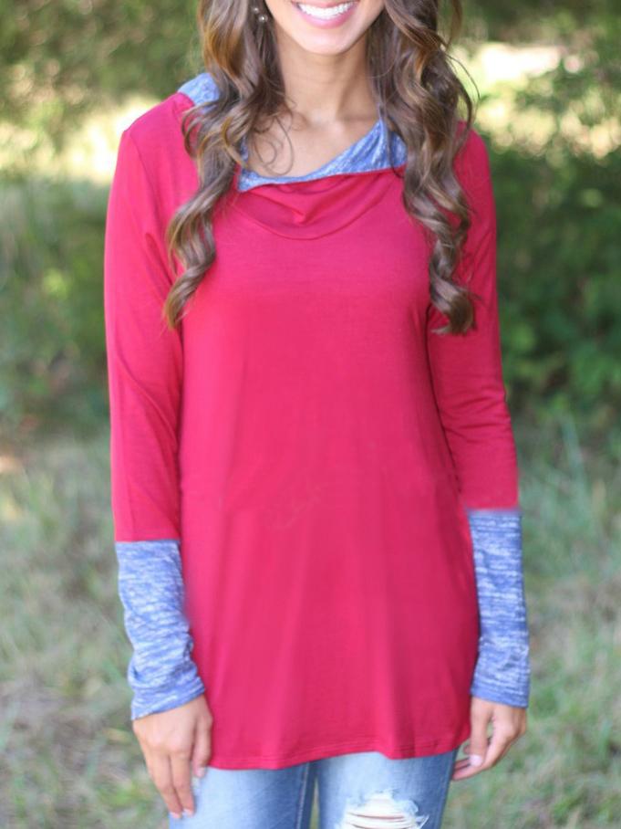 Romwe Hooded Contrast Cuff Red T-shirt