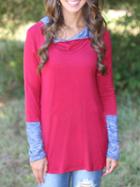 Romwe Hooded Contrast Cuff Red T-shirt