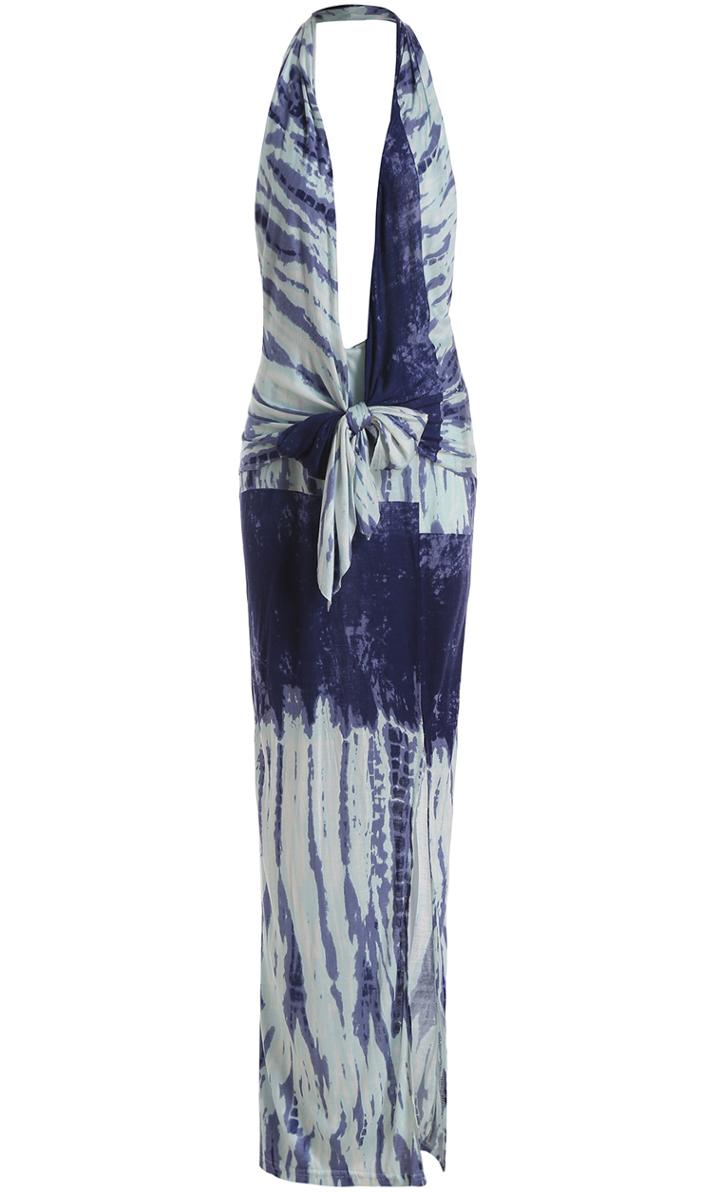 Romwe Halter Backless Ink Print Knotted Maxi Dress