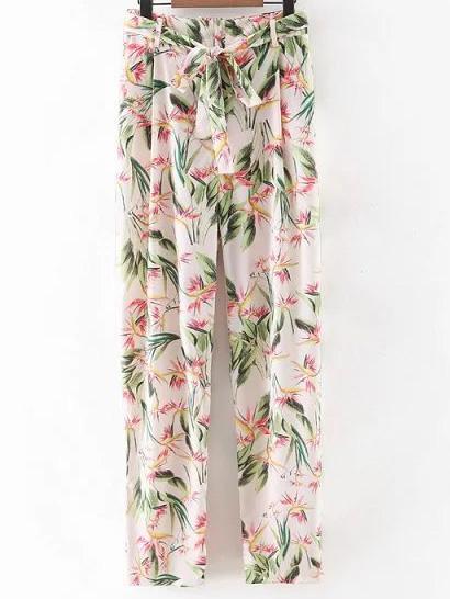 Romwe Multicolor Tie-waist Bow Floral Print Pants