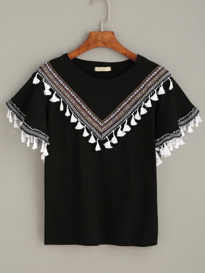 Romwe Black T-shirt With Tassel And Embroidered Tape Detail