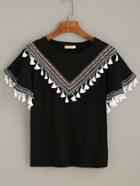 Romwe Black T-shirt With Tassel And Embroidered Tape Detail